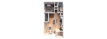 a 3D floorplan of a one bedroom floorplan