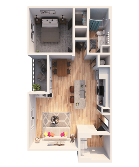 a 3D floorplan of a one bedroom floorplan