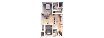a 3D floorplan of a two bedroom floorplan