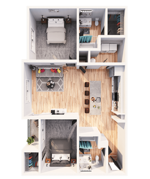 a 3D floorplan of a two bedroom floorplan
