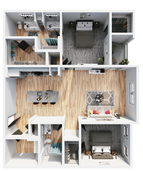 a 3D floorplan of a two bedroom floorplan