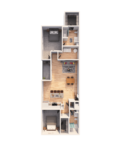 a 3D floorplan of a two bedroom floorplan
