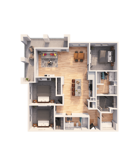 a 3D floorplan of a three bedroom floorplan