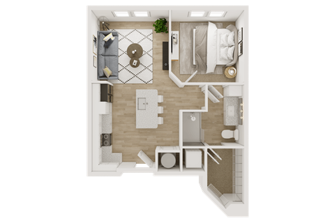 A top-down view of a small apartment layout with a kitchen, living room, and bedroom.
