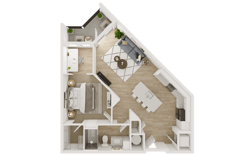 A top-down view of a house layout with a kitchen, living room, and bedrooms.