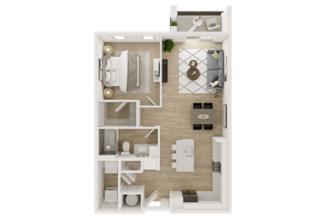 A top-down view of a small apartment with a kitchen, living room, and bedroom.