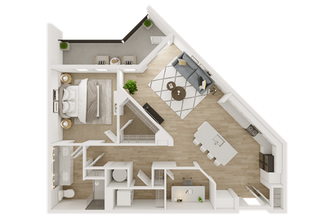 A 3D floor plan of a house with a kitchen, living room, and bedrooms.