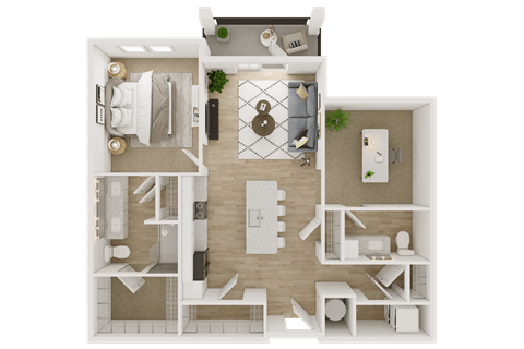 A top-down view of a small apartment with a kitchen, living room, and bedroom.