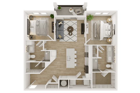A top-down view of a house layout with a living room, kitchen, dining area, and bedrooms.