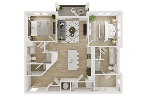 A top-down view of a house layout with a kitchen, living room, dining area, and bedrooms.