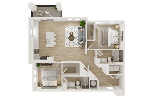 A top-down view of a house layout with a living room, kitchen, dining area, and bedrooms.