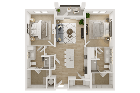 A top-down view of a house layout with a kitchen, living room, dining room, and bathroom.