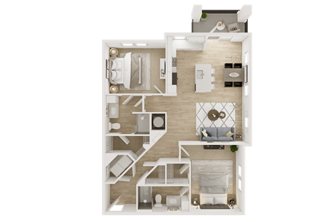 A top-down view of a house layout with a kitchen, living room, and bedrooms.