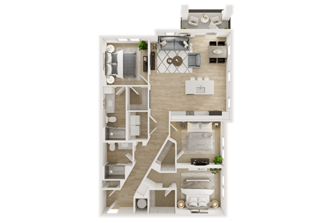 A top-down view of a house layout with a living room, kitchen, dining area, and bedrooms.