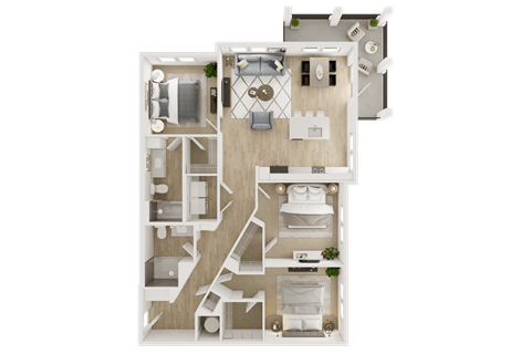 A top-down view of a house layout with a kitchen, living room, dining area, and multiple bedrooms.
