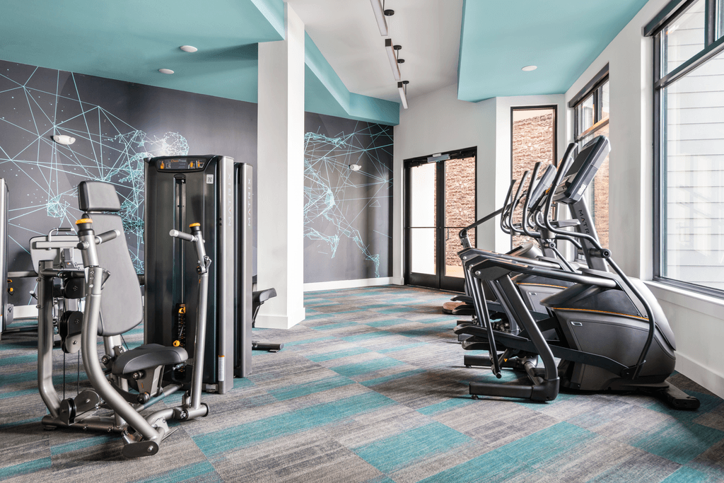 A gym with treadmills, elliptical machines and other exercise equipment.