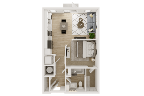 A top-down view of a small apartment with a kitchen, living room, and bathroom.