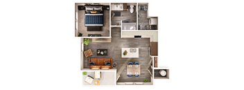 A top-down view of a living room, kitchen, and bedroom layout.