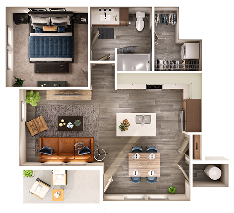 A top-down view of a living room, kitchen, and bedroom layout.