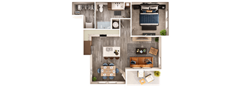 A top-down view of a living room, kitchen, and dining area.