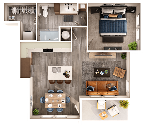 A top-down view of a living room, kitchen, and dining area.