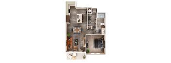 A top-down view of a small apartment with a kitchen, living room, and bedroom.