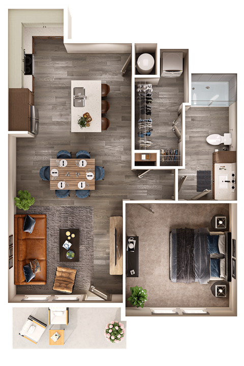 A top-down view of a small apartment with a kitchen, living room, and bedroom.
