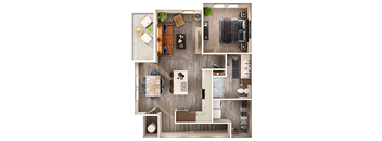 A top-down view of a modern apartment layout with a kitchen, living room, and bedroom.