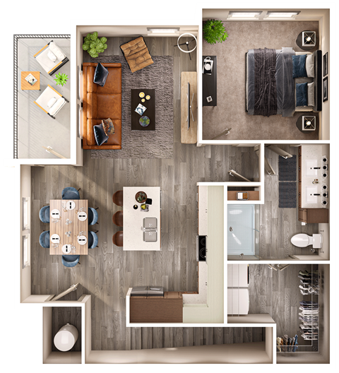 A top-down view of a modern apartment layout with a kitchen, living room, and bedroom.