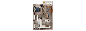 A top-down view of a well-organized apartment with a kitchen, living room, and bedroom.
