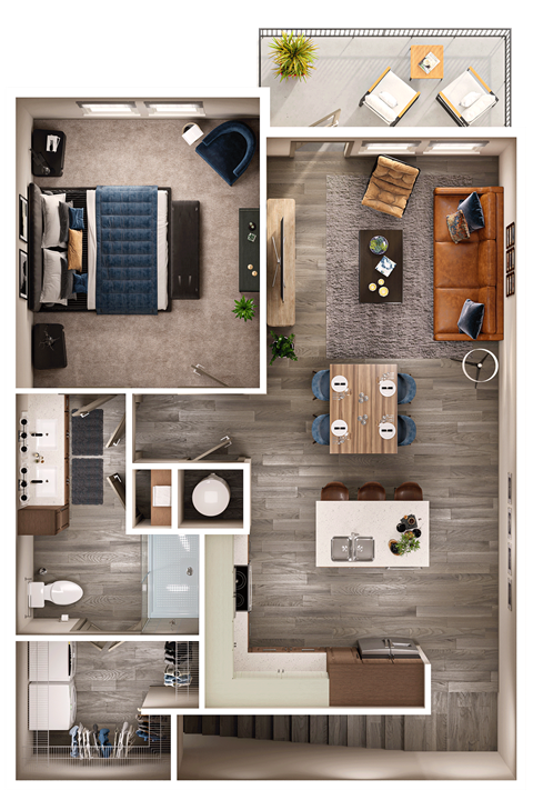 A top-down view of a well-organized apartment with a kitchen, living room, and bedroom.