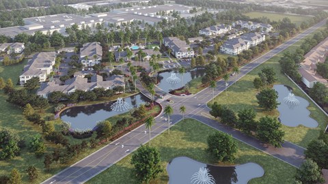 A bird's eye view of a residential area with a roundabout in the center.