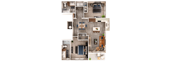 A top-down view of a house layout with a kitchen, living room, dining area, and bedrooms.