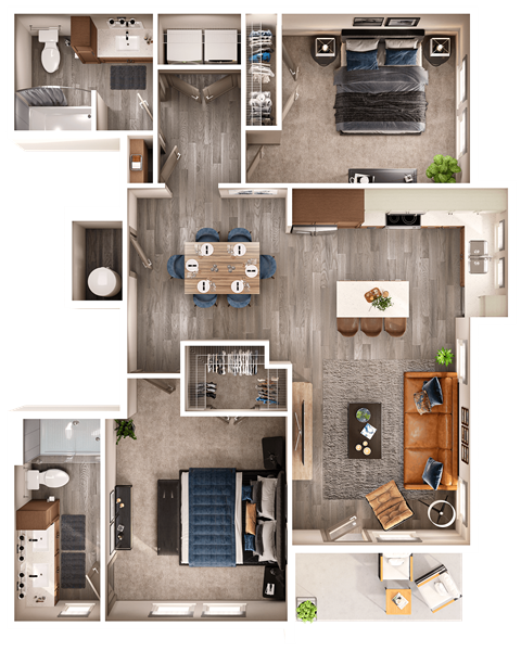A top-down view of a house layout with a kitchen, living room, dining area, and bedrooms.