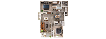 A top-down view of a house layout with a kitchen, living room, dining area, and bedrooms.
