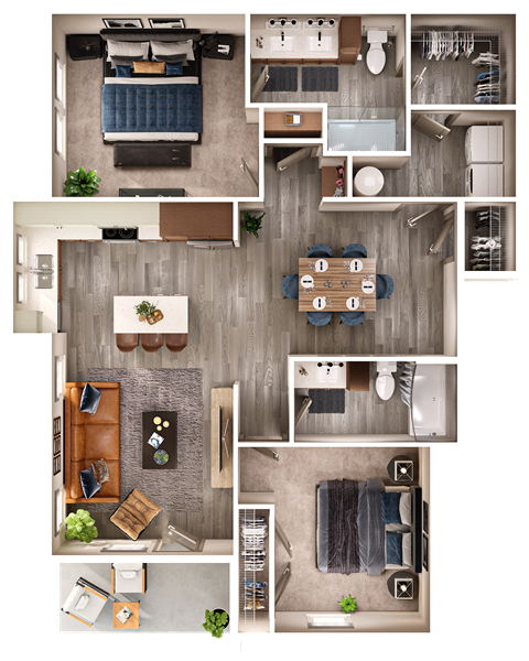 A top-down view of a house layout with a kitchen, living room, dining area, and bedrooms.