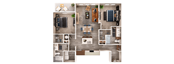 A top-down view of a well-organized apartment with a kitchen, living room, and bedrooms.