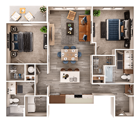 A top-down view of a well-organized apartment with a kitchen, living room, and bedrooms.