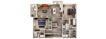 A top-down view of a modern apartment layout with a kitchen, living room, dining area, and bedrooms.