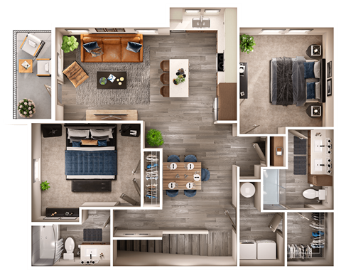 A top-down view of a modern apartment layout with a kitchen, living room, dining area, and bedrooms.