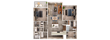 A top-down view of a house layout with a kitchen, living room, dining area, and bathrooms.
