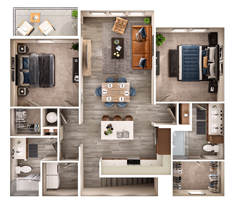 A top-down view of a house layout with a kitchen, living room, dining area, and bathrooms.