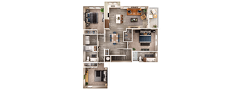 A detailed floor plan of a modern apartment with a kitchen, living room, and bedrooms.