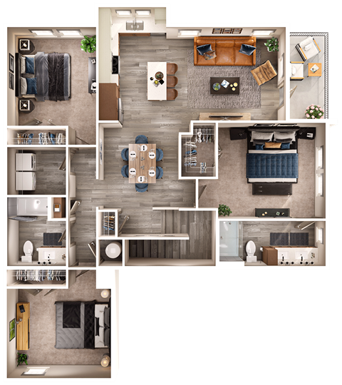 A detailed floor plan of a modern apartment with a kitchen, living room, and bedrooms.