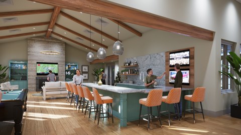 A bar with orange chairs and a man in a green shirt behind the bar.