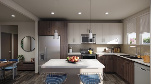 A modern kitchen with a dining table and chairs.