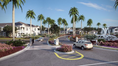 A street view of a residential area with palm trees and a yellow circle on the road.