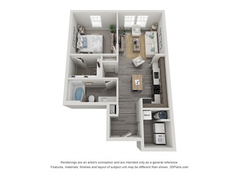 a 3d floor plan of a 1 bedroom apartment
