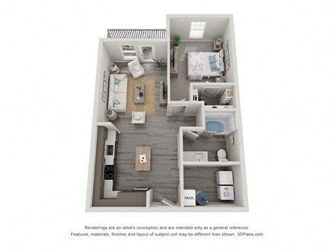 a 3d floor plan of a 1 bedroom apartment