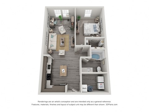 a 3d floor plan of a 1 bedroom apartment
